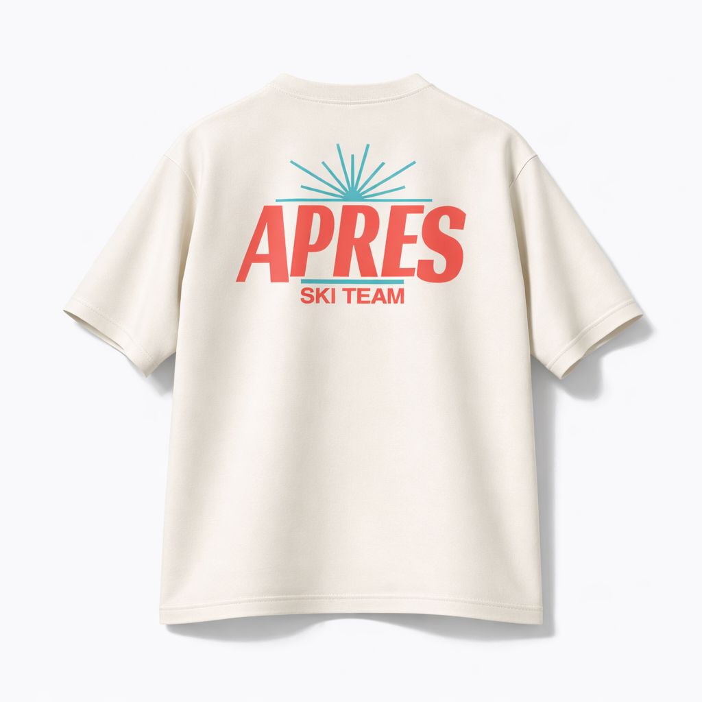 Beige t-shirt with 'APRES SKI TEAM' text and logo on a white background