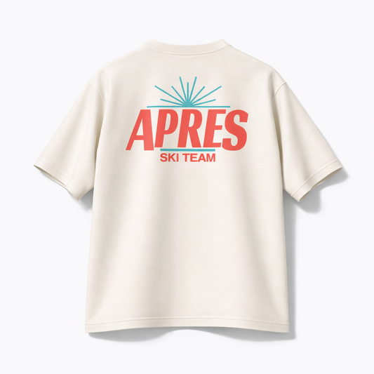 Beige t-shirt with 'APRES SKI TEAM' text and logo on a white background