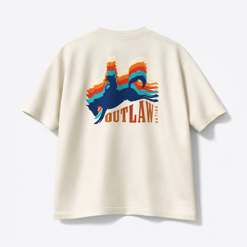 Beige t-shirt with colorful graphic and 'Outlaw' text on a white background