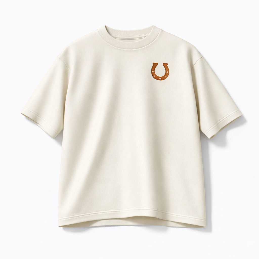 Beige t-shirt with a small logo on a white background